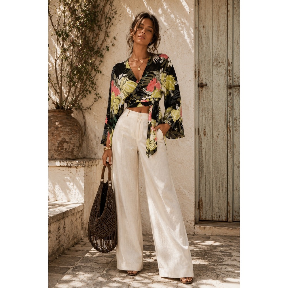 Express Tropical Wrap Kimono Sleeve Crop Top S Hawaiian Resortwear Chic Vacation
